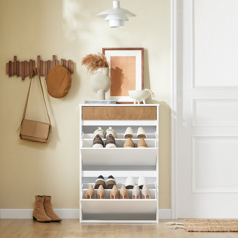 SoBuy FSR205-WN Kapea Kenkäkaappi – Pohjoismainen Valkoinen/Puu – Kääntyvät Ovet ja Säilytyslokero – 61×26×91 cm