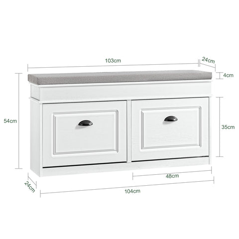 SoBuy FSR64-WG Kengänsäilytyspenkki – 2 Kääntyvää Lokeroa, Irrotettava Tyyny, Säilytyslaatikko ja Hylly, Kapea Eteiskaluste – Koko: L104xS24xK51 cm, Kulunut Valkoinen Puuefekti