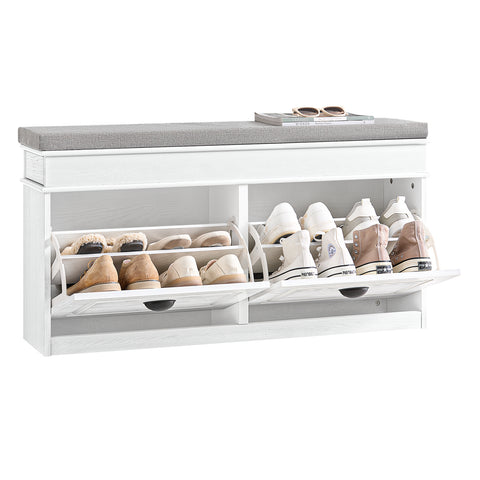SoBuy FSR64-WG Kengänsäilytyspenkki – 2 Kääntyvää Lokeroa, Irrotettava Tyyny, Säilytyslaatikko ja Hylly, Kapea Eteiskaluste – Koko: L104xS24xK51 cm, Kulunut Valkoinen Puuefekti