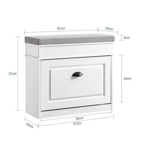 SoBuy FSR82-K-WG Kengänsäilytyspenkki Eteispenkki – Penkki Säilytystilalla ja Pehmusteella, Kengille, Käytävään tai Olohuoneeseen, 61x24x51 cm, Kantavuus 113 kg, Vanhanvalkoinen puuviimeistely