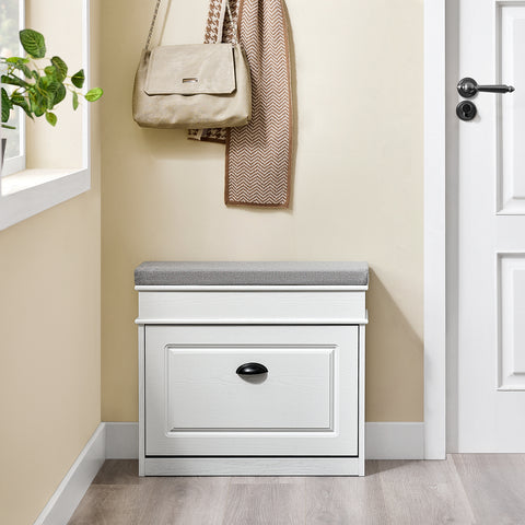 SoBuy FSR82-K-WG Kengänsäilytyspenkki Eteispenkki – Penkki Säilytystilalla ja Pehmusteella, Kengille, Käytävään tai Olohuoneeseen, 61x24x51 cm, Kantavuus 113 kg, Vanhanvalkoinen puuviimeistely