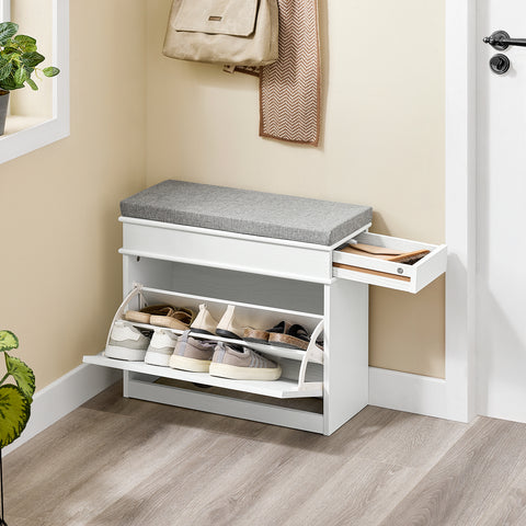 SoBuy FSR82-K-WG Kengänsäilytyspenkki Eteispenkki – Penkki Säilytystilalla ja Pehmusteella, Kengille, Käytävään tai Olohuoneeseen, 61x24x51 cm, Kantavuus 113 kg, Vanhanvalkoinen puuviimeistely