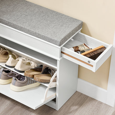 SoBuy FSR82-K-WG Kengänsäilytyspenkki Eteispenkki – Penkki Säilytystilalla ja Pehmusteella, Kengille, Käytävään tai Olohuoneeseen, 61x24x51 cm, Kantavuus 113 kg, Vanhanvalkoinen puuviimeistely