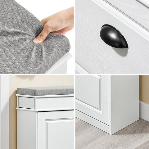 SoBuy FSR82-K-WG Kengänsäilytyspenkki Eteispenkki – Penkki Säilytystilalla ja Pehmusteella, Kengille, Käytävään tai Olohuoneeseen, 61x24x51 cm, Kantavuus 113 kg, Vanhanvalkoinen puuviimeistely
