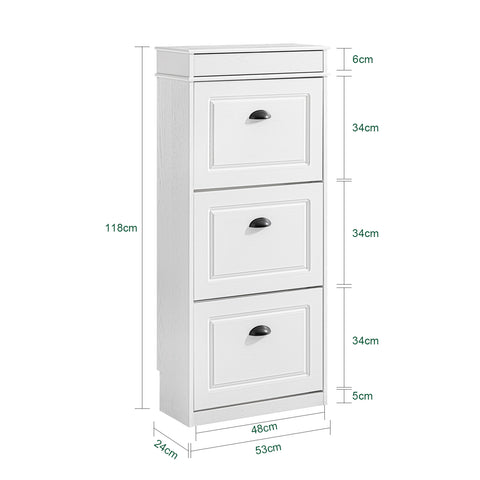SoBuy FSR94-WG Kengänsäilytyskaappi 3 Kääntyvällä Lokerolla, Eteisen Kenkäkaappi, 12 Parille Kenkiä, Kapea Kenkähylly Käytävään, 53x24x118cm Vanha Valkoinen Puuviimeistely