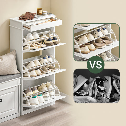 SoBuy FSR94-WG Kengänsäilytyskaappi 3 Kääntyvällä Lokerolla, Eteisen Kenkäkaappi, 12 Parille Kenkiä, Kapea Kenkähylly Käytävään, 53x24x118cm Vanha Valkoinen Puuviimeistely