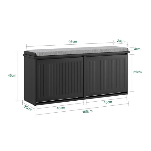 SoBuy FSR98-XL-SCH Kengänsäilytyspenkki Sisäänkäyntiin, Pehmustetulla Istuimella ja 2 Kääntöovella – Kengänsäilytyskaluste, 100 x 26 x 46 cm – Kantavuus 158 kg, Musta