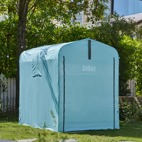 SoBuy KLS11-BL Puutarhavaja, vedenpitävä ulkovaja, moottoripyörän suoja koukuilla, pyörä- ja työkalukatos, pyörän säilytys, vaaleansininen, 120x176x163 cm