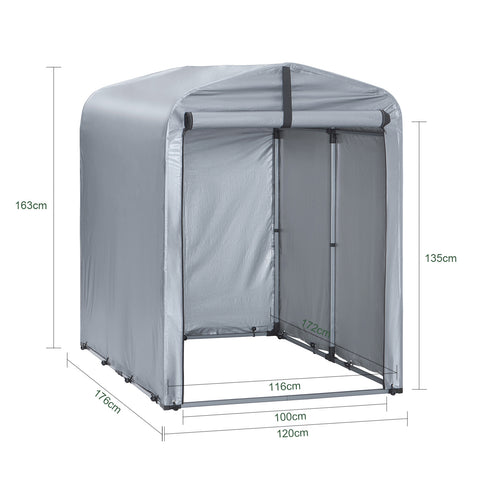 SoBuy KLS11-K Ulkovarasto– Vedenpitävä Pihavaja – Moottoripyörän, Polkupyörän ja Työkalujen Säilytykseen, Koukuilla – Hopea, 120x176x163 cm