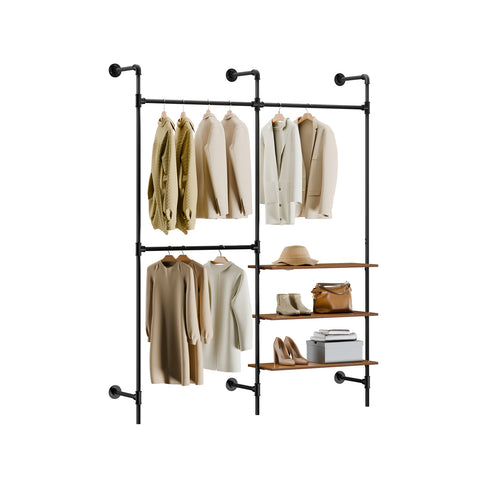 SoBuy KLS18-SCH Teollistyylinen Seinävaateteline, Avoin Metallinen Vaatekaappi 3 Tangolla & 3 MDF-hyllyllä, Tilaa Säästävä Seinäkaappi Makuuhuoneeseen, Eteiseen tai Vaatehuoneeseen, Musta