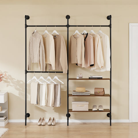 SoBuy KLS18-SCH Teollistyylinen Seinävaateteline, Avoin Metallinen Vaatekaappi 3 Tangolla & 3 MDF-hyllyllä, Tilaa Säästävä Seinäkaappi Makuuhuoneeseen, Eteiseen tai Vaatehuoneeseen, Musta