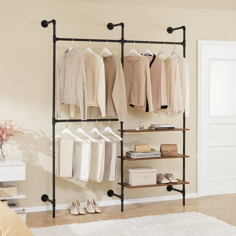 SoBuy KLS18-SCH Teollistyylinen Seinävaateteline, Avoin Metallinen Vaatekaappi 3 Tangolla & 3 MDF-hyllyllä, Tilaa Säästävä Seinäkaappi Makuuhuoneeseen, Eteiseen tai Vaatehuoneeseen, Musta