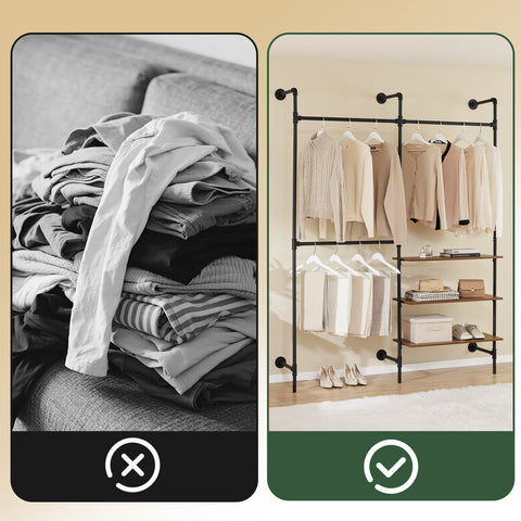SoBuy KLS18-SCH Teollistyylinen Seinävaateteline, Avoin Metallinen Vaatekaappi 3 Tangolla & 3 MDF-hyllyllä, Tilaa Säästävä Seinäkaappi Makuuhuoneeseen, Eteiseen tai Vaatehuoneeseen, Musta