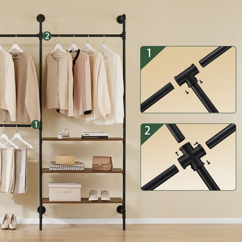 SoBuy KLS18-SCH Teollistyylinen Seinävaateteline, Avoin Metallinen Vaatekaappi 3 Tangolla & 3 MDF-hyllyllä, Tilaa Säästävä Seinäkaappi Makuuhuoneeseen, Eteiseen tai Vaatehuoneeseen, Musta