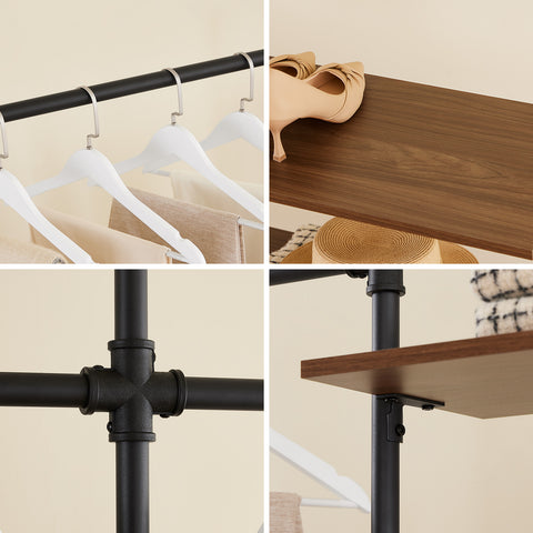 SoBuy KLS18-SCH Teollistyylinen Seinävaateteline, Avoin Metallinen Vaatekaappi 3 Tangolla & 3 MDF-hyllyllä, Tilaa Säästävä Seinäkaappi Makuuhuoneeseen, Eteiseen tai Vaatehuoneeseen, Musta
