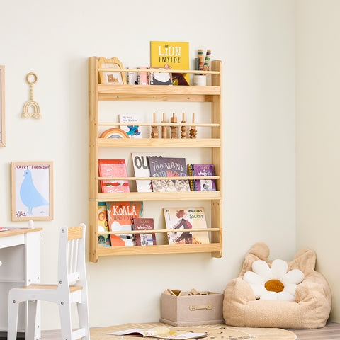 SoBuy KMB08-N Lasten Kirjahylly 4 Tasolla – Puinen Säilytyshylly Kirjoille ja Leluille, Lastenhuoneeseen, Mänty, 80×12×118 cm