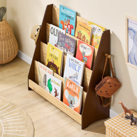 SoBuy KMB32-N Lasten kirjahylly Lelujen säilytys Lasten kirjahylly 4 tasoa ja 2 koukkua Kirjahylly Säilytyskaluste Lastenhuoneeseen, Toimistoon, Olohuoneeseen, Luonnollinen 91x30x89 cm